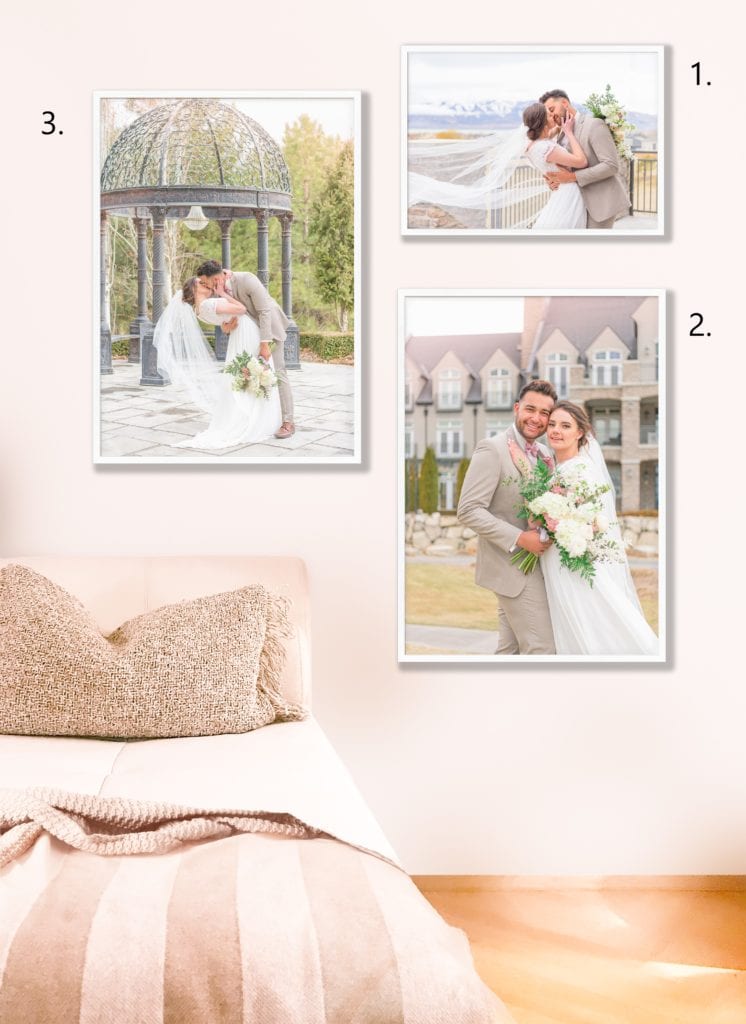 This photo display has three photos hung on a bedroom wall.