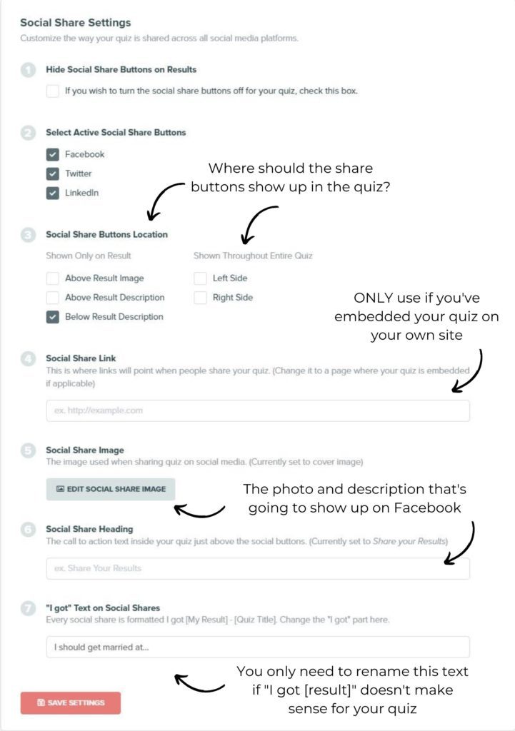 How to change the social share settings when you're building a lead generation quiz