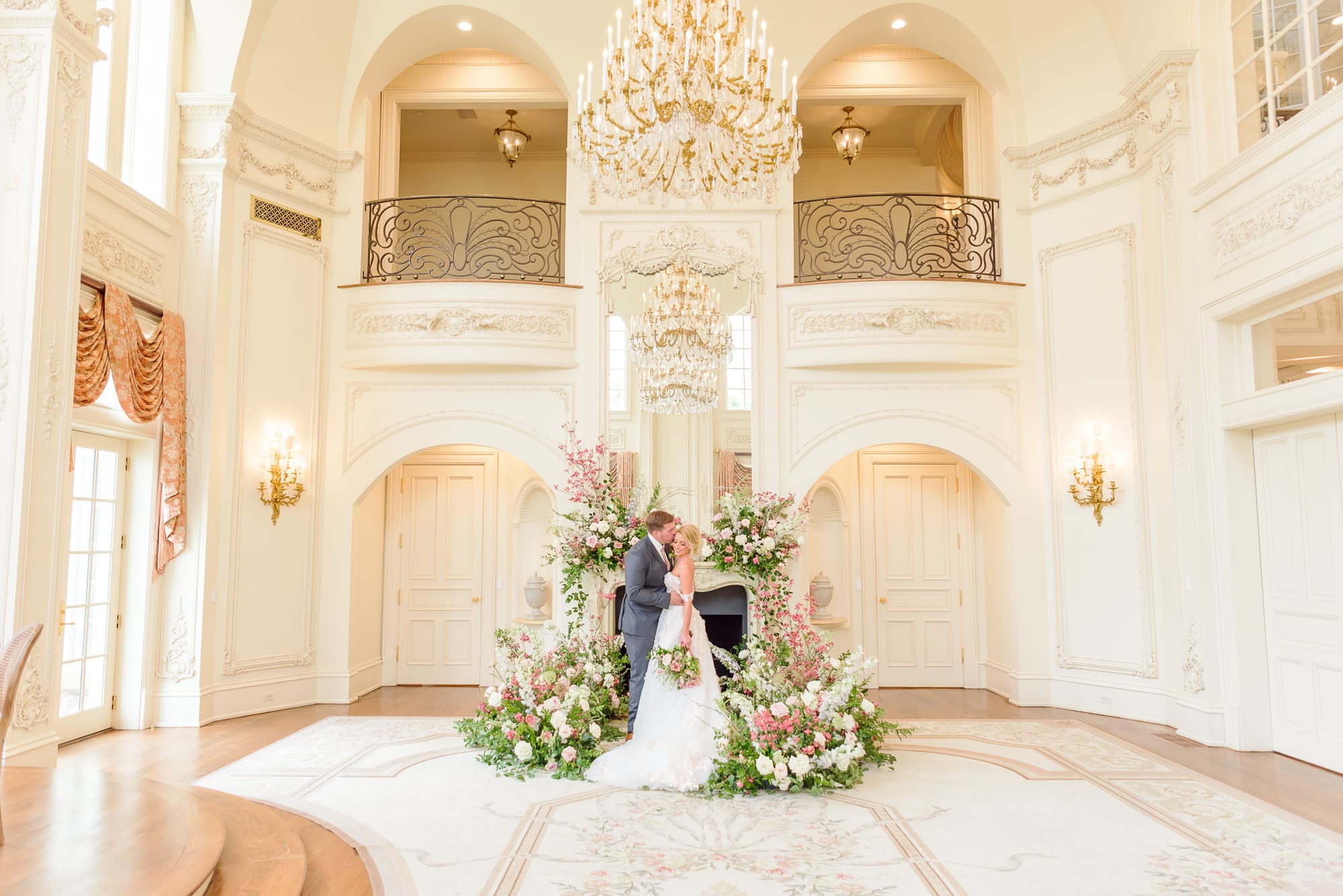 Here you can see the balcony in this two story drawing room. A beautiful shot of this elegant mansion wedding.