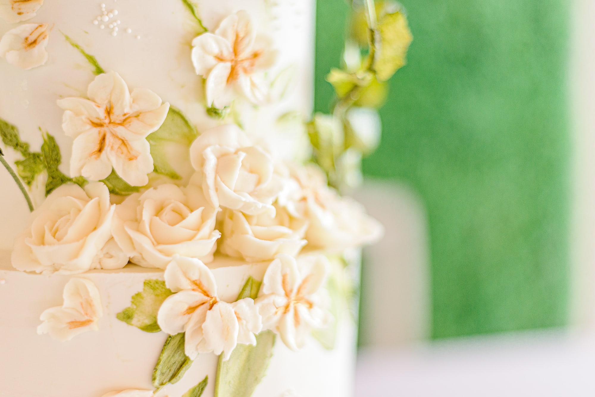 A gorgeous cake with painted leaves and buttercream flowers in front of the green wall at Camelot Meadows.