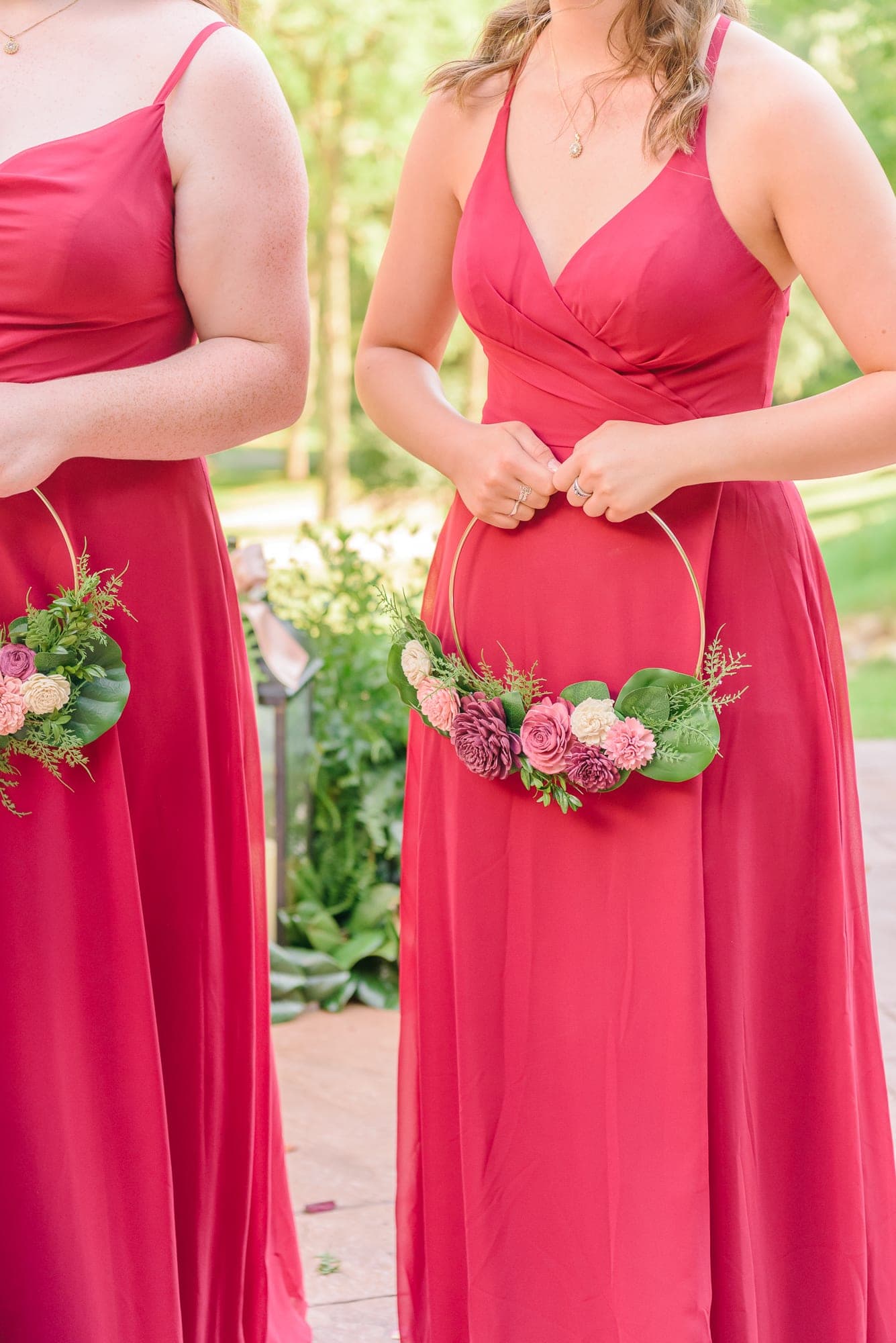 Bridesmaids held floral hoops instead of bouquets at this unique Delaney Ridge wedding.
