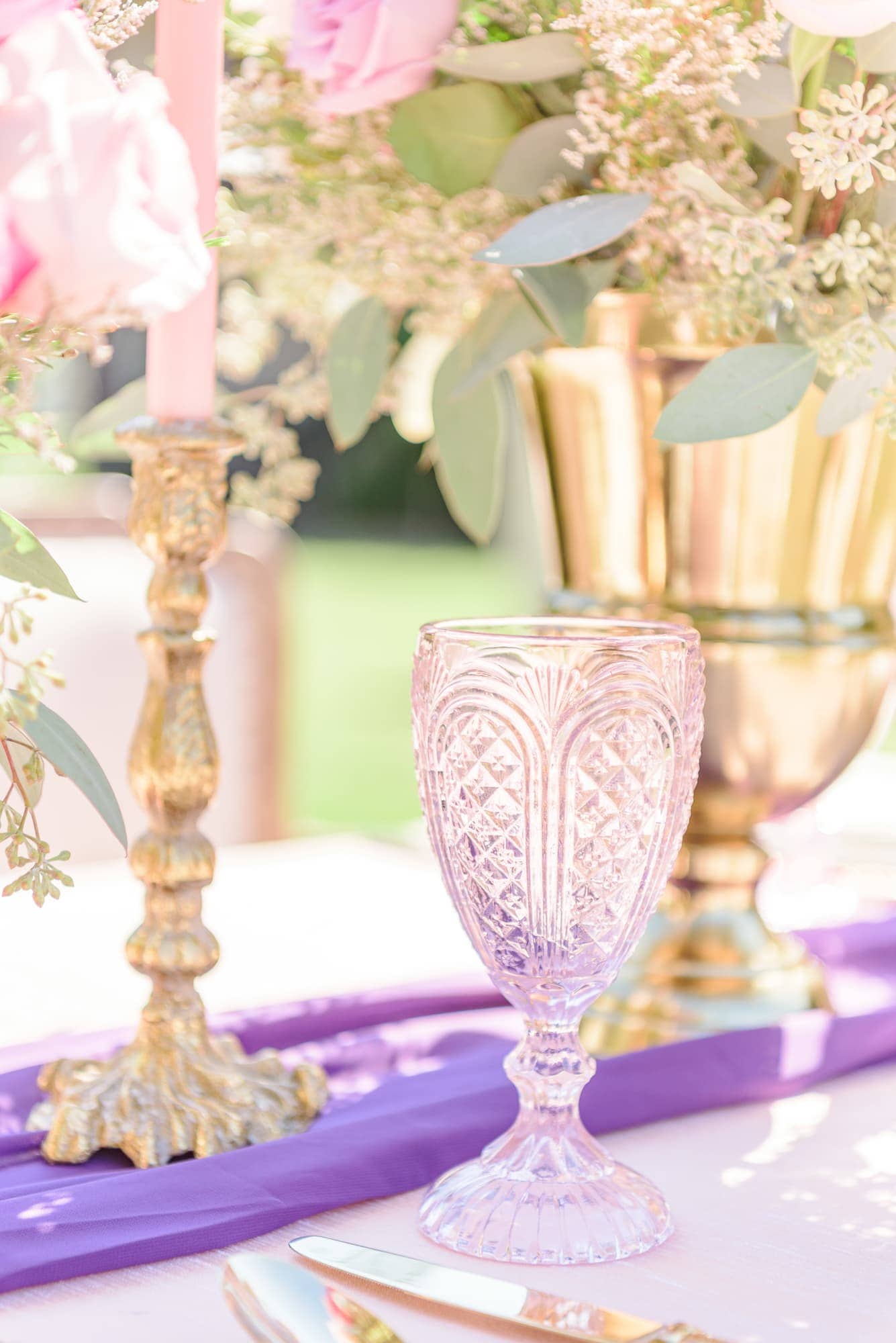 This ornate purple glass fit the princess theme here at Key Rose Estate- a castle venue in North Carolina.