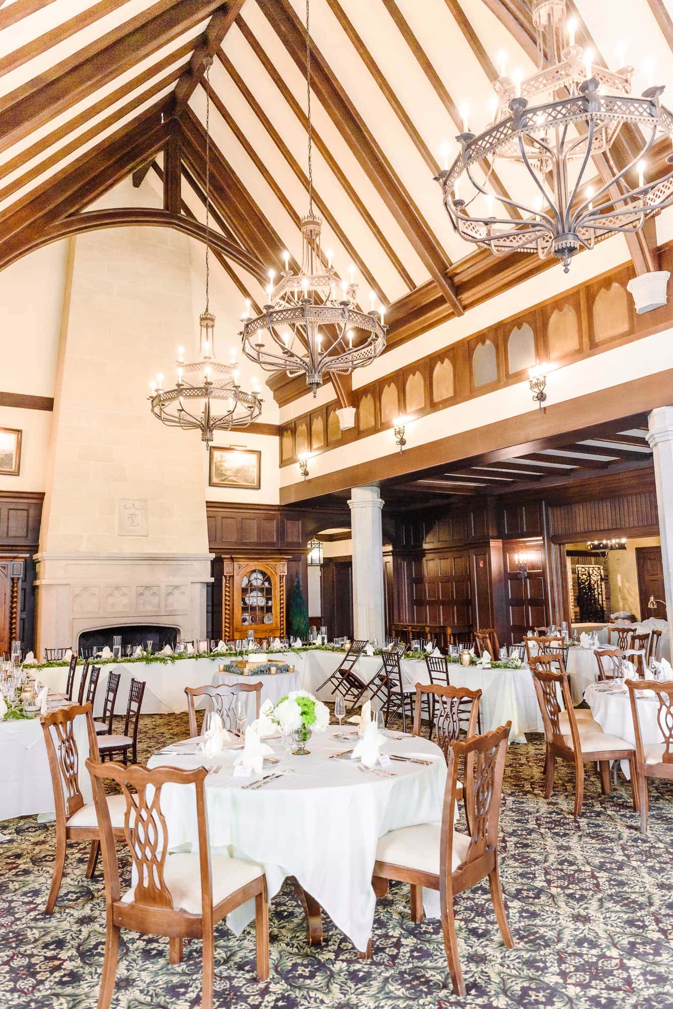 The main reception hall at the Longview Country Club in Charlotte looks like an elegant Tudor mansion with exposed ceiling beams.