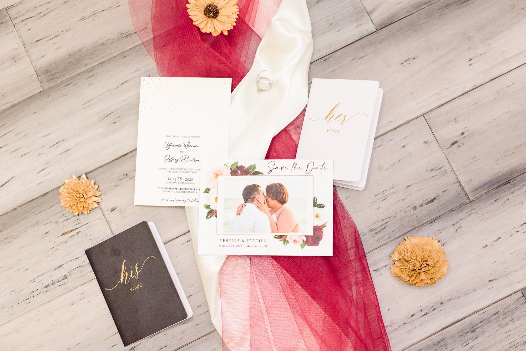 Invitations outlining the details of this wedding at the Charles Mack Citizen Center in Mooresville, NC.
