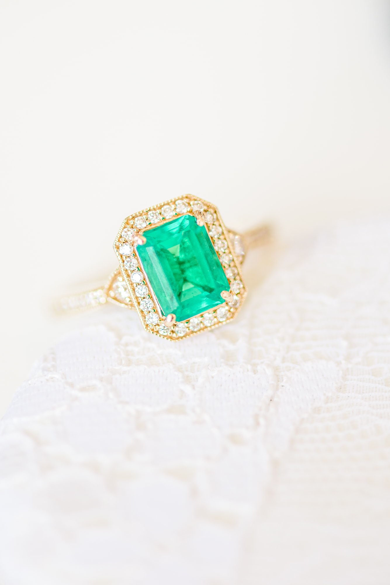 This wedding at the Distillery in Garner NC featured a bride with an emerald and gold engagement ring.