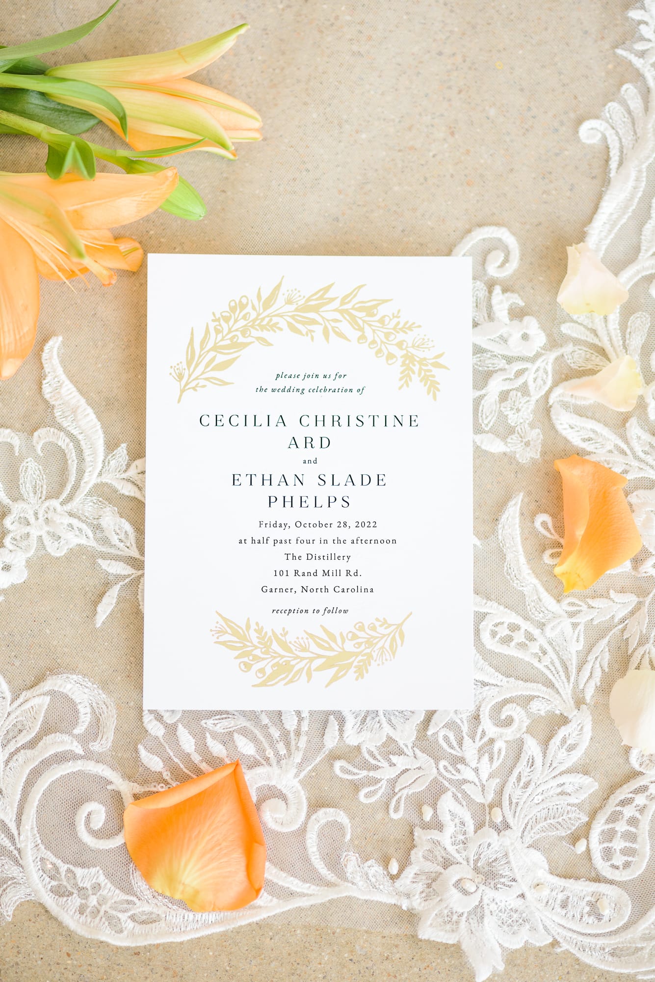 These simple and elegant wedding invitations describe this wedding at the Distillery in Garner, NC