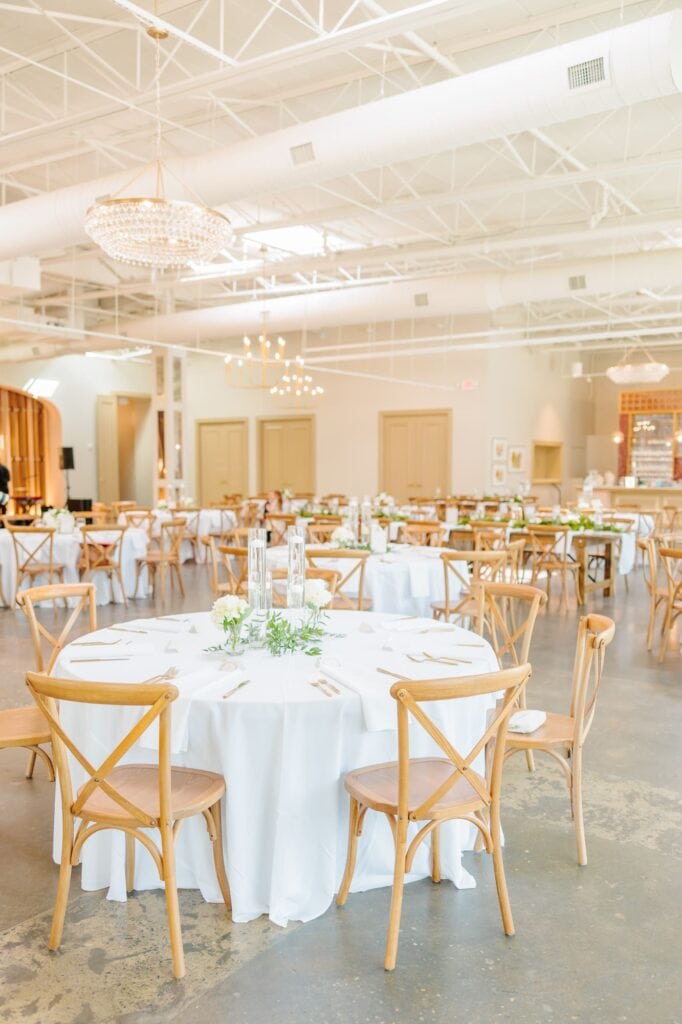 The Ruth's reception hall set up for a wedding dinner in Charlotte NC.