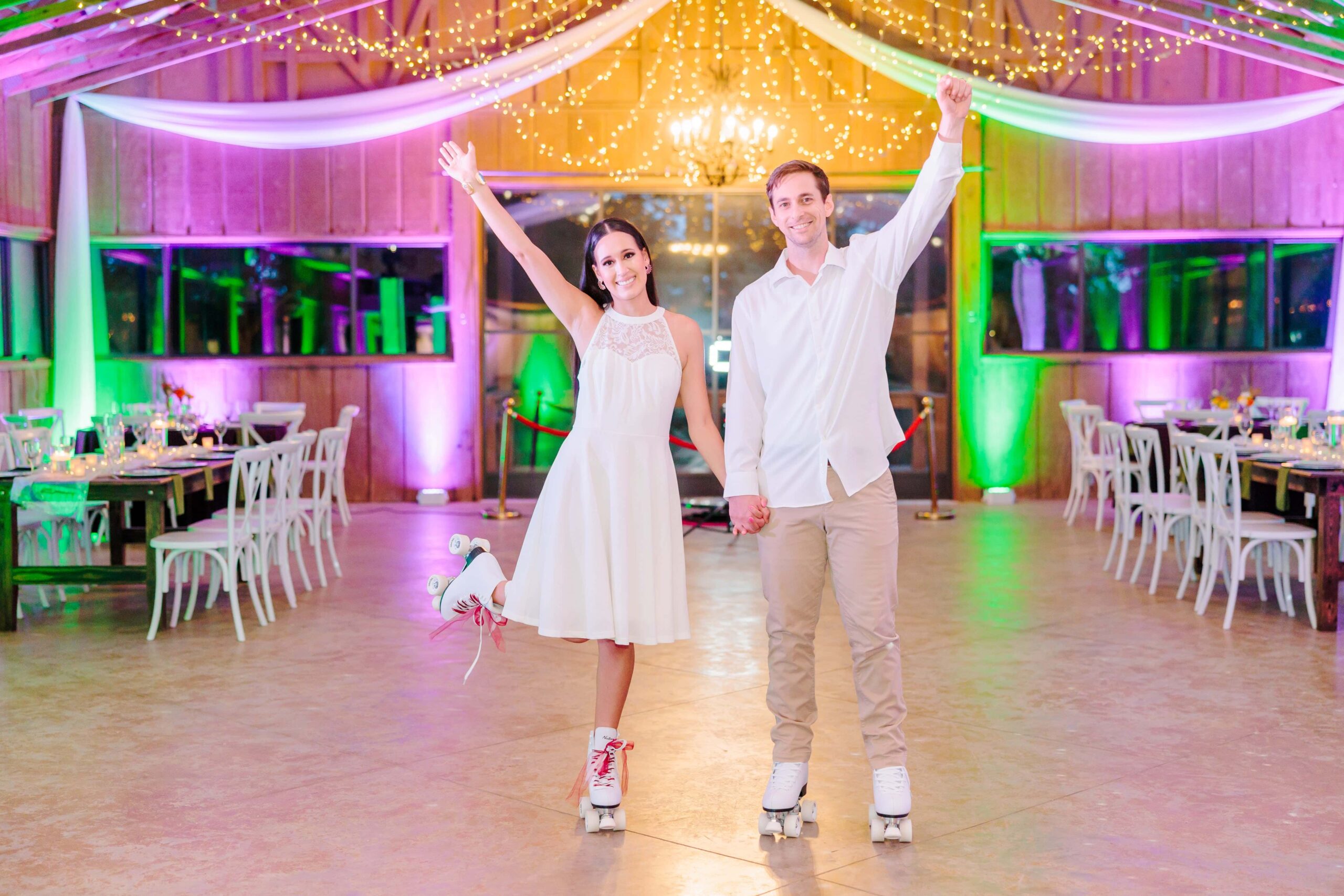 A disco wedding where the bride and groom roller skate through the venue hall.