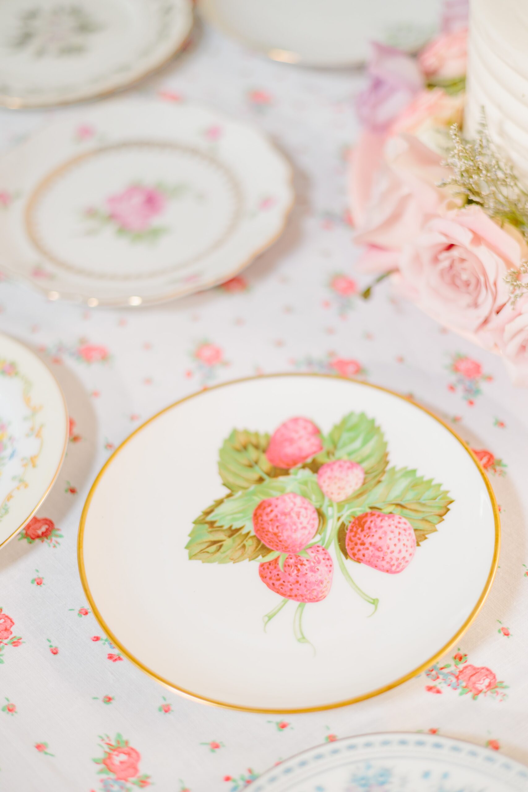A Greensboro wedding with vintage china plates for guests. This plate has strawberries drawn on it with a gold rim.