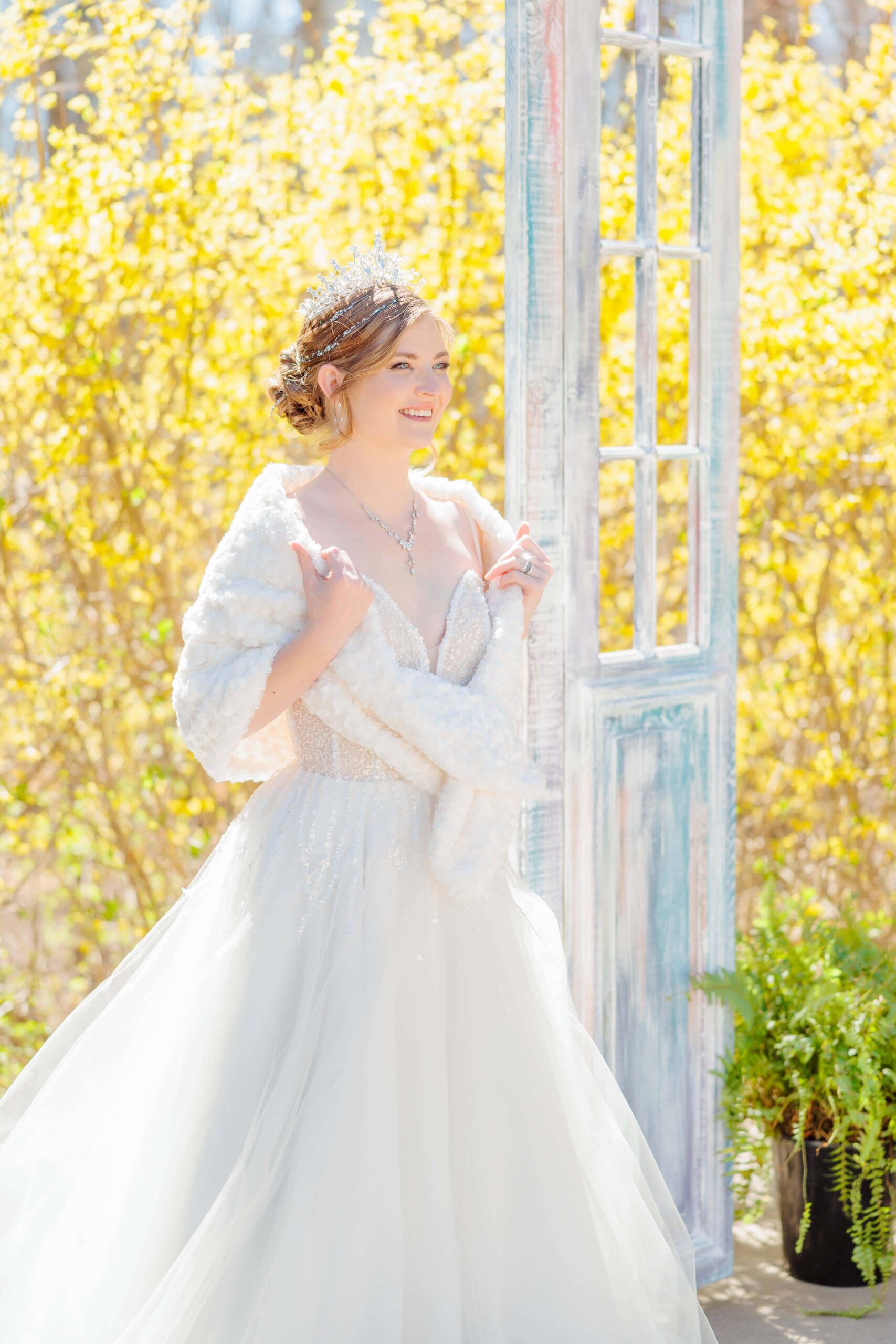 The bride wears a fuzzy white shawl in front of the yellow trees to keep warm for her winter wonderland wedding.