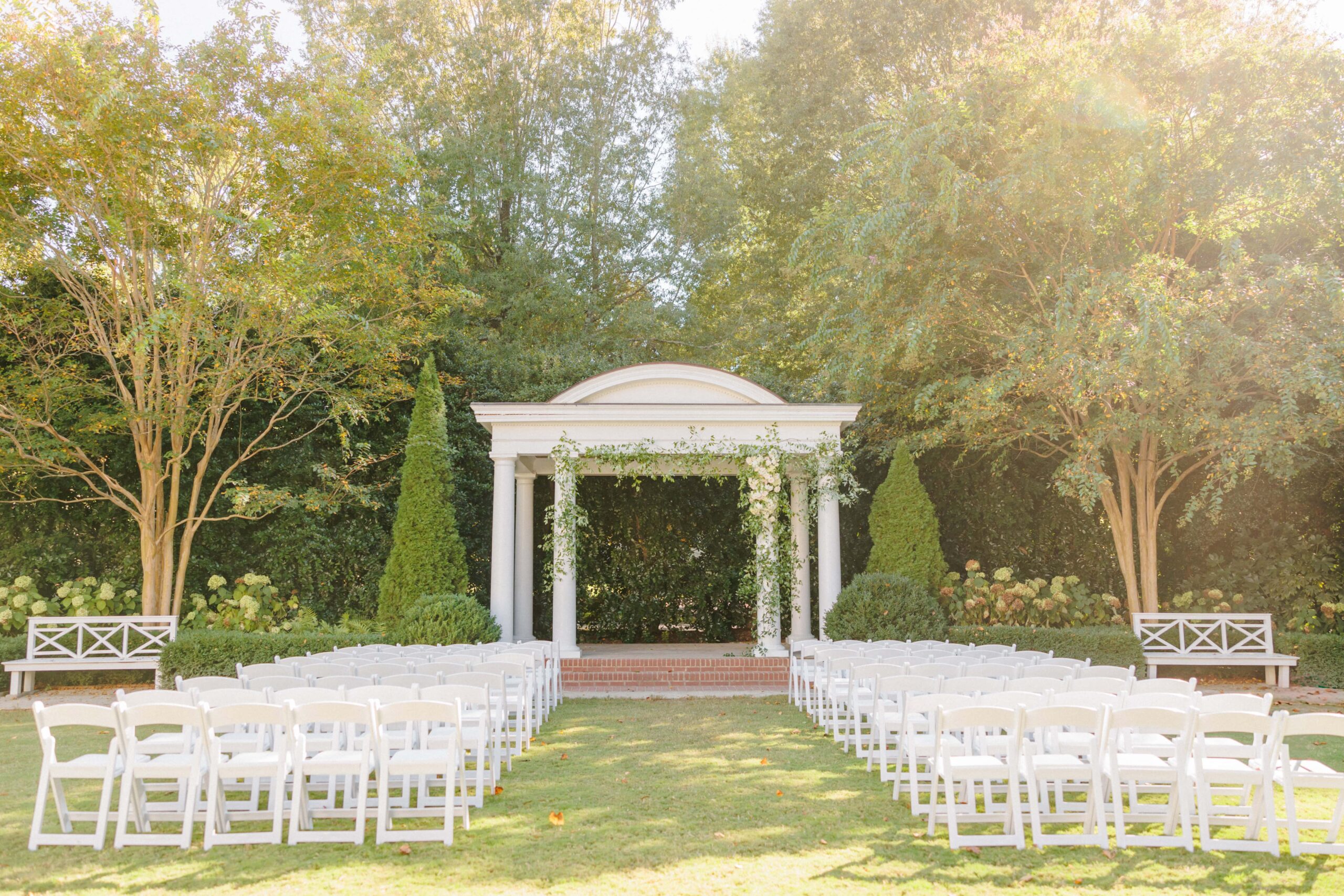 The gazebo at the Duke Mansion is set for an outdoor wedding.