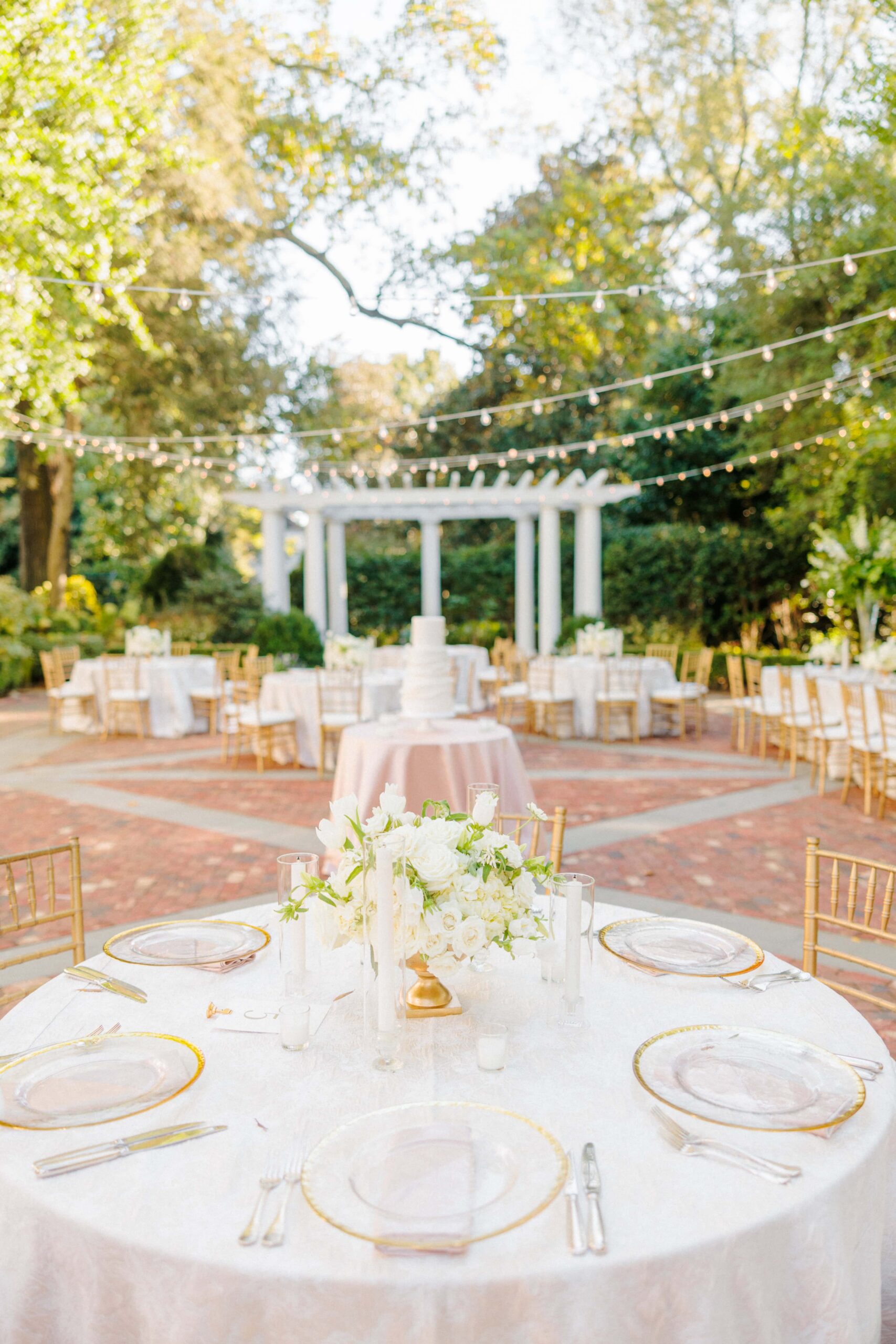 Duke Mansion wedding photos of the courtyard, decorated for a reception.