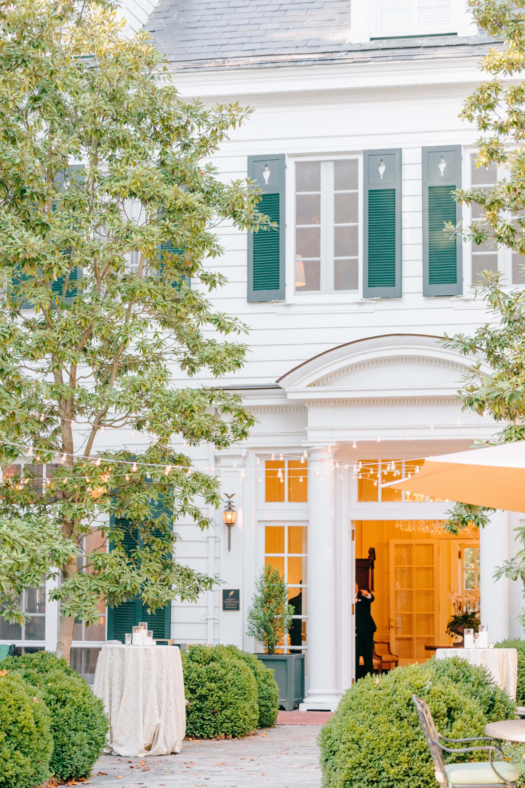 The back view of the Duke Mansion right before a wedding ceremony.